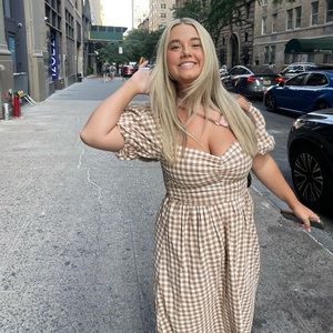 Verge girl brown gingham midi puff sleeve dress